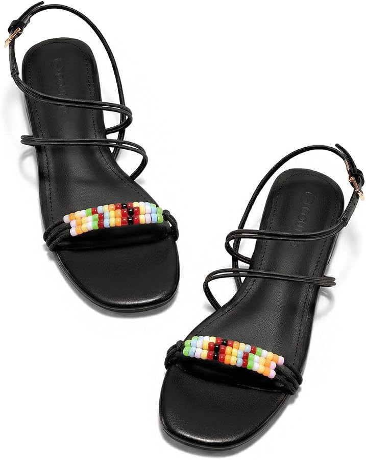 Coutgo Womens Strappy Flat Sandals Open Toe Lace Up Beaded Gladiator Flats Ankle Strap Summer Bea... | Amazon (US)