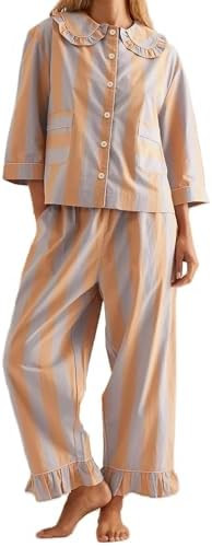 XBTCLXEBCO Womens Striped 2 Piece Pajamas Sets Long Sleeve Button Babydoll Shirt Tie Up Ruffle Pa... | Amazon (US)