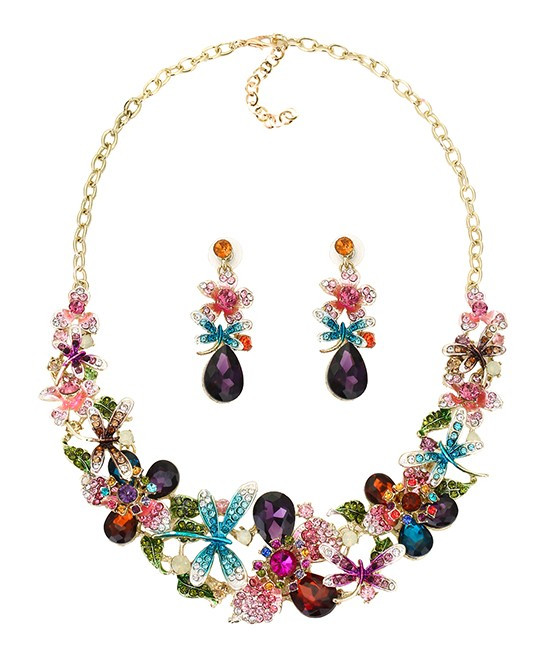 Ella & Elly Women's Earrings Red - Pink & Blue Floral Statement Necklace & Drop Earrings Set | Zulily