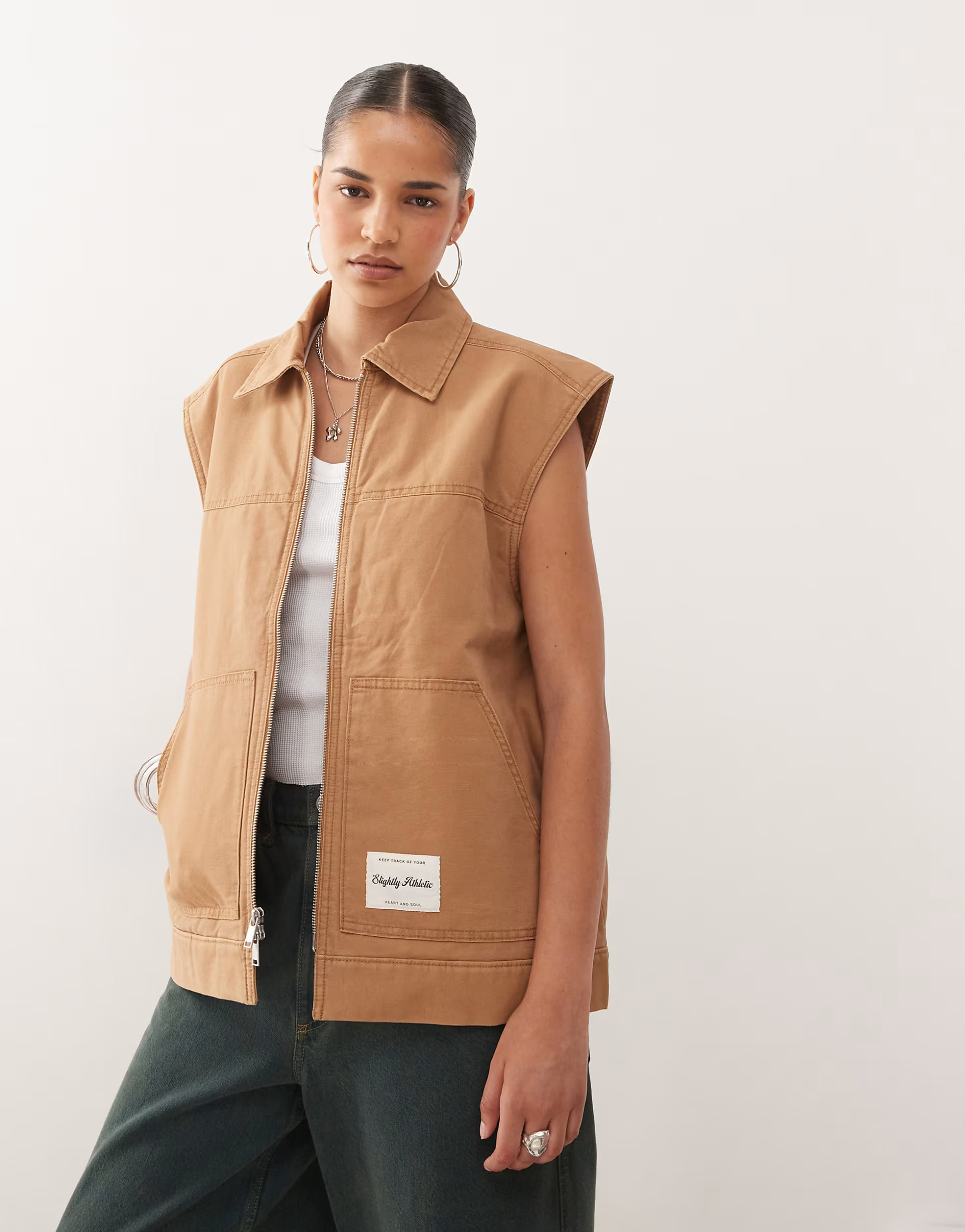 Monki lightweight sleeveless utility jacket in camel | ASOS (Global)