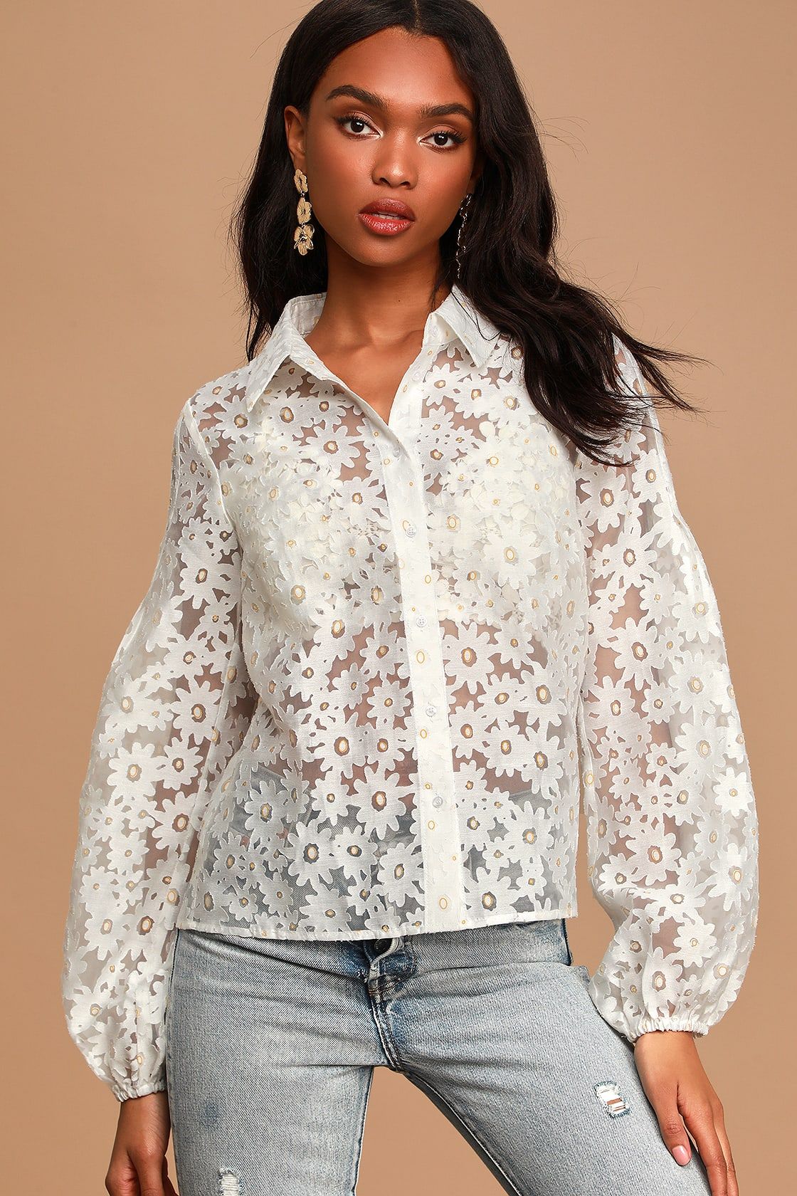 Happiness Blooms White Sheer Organza Floral Lace Button-Up Top | Lulus