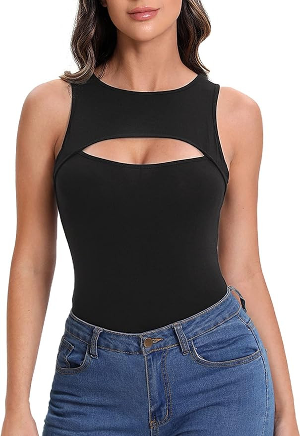 Verdusa Women's Casual Cut Out Sleeveless Round Neck Slim Fitted Tank Top | Amazon (US)