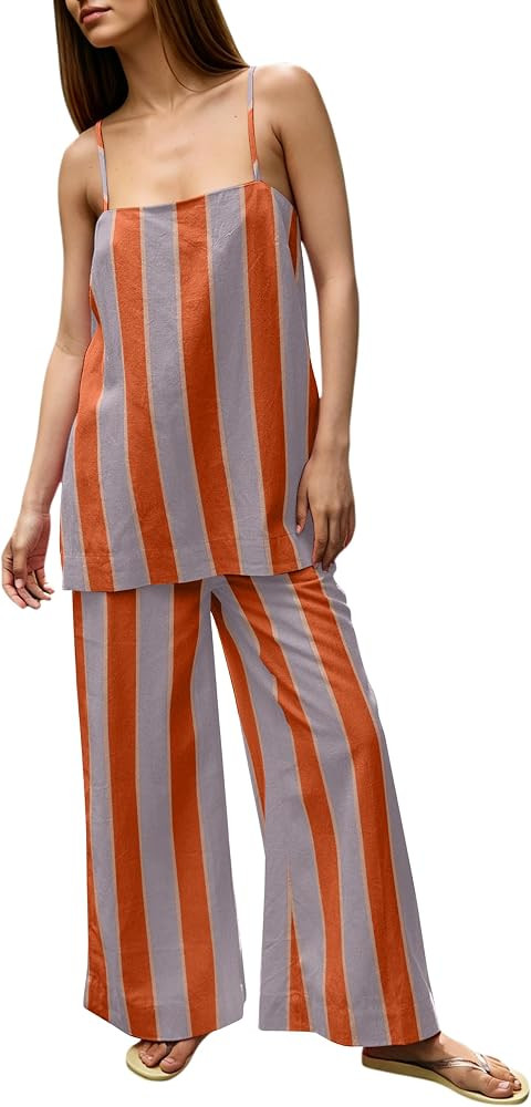 Eutten Womens Linen Set Striped 2 Piece Lounge Sets Spaghetti Strap Cami Top & Wide Leg Pants Sum... | Amazon (US)
