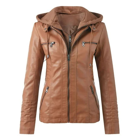 Camel Shacket Jacket Women Slim Leather Stand Collar Zip Motorcycle Suit Belt Coat Jacket Tops L | Walmart (US)