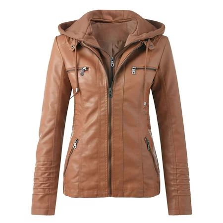 Camel Shacket Jacket Women Slim Leather Stand Collar Zip Motorcycle Suit Belt Coat Jacket Tops L | Walmart (US)