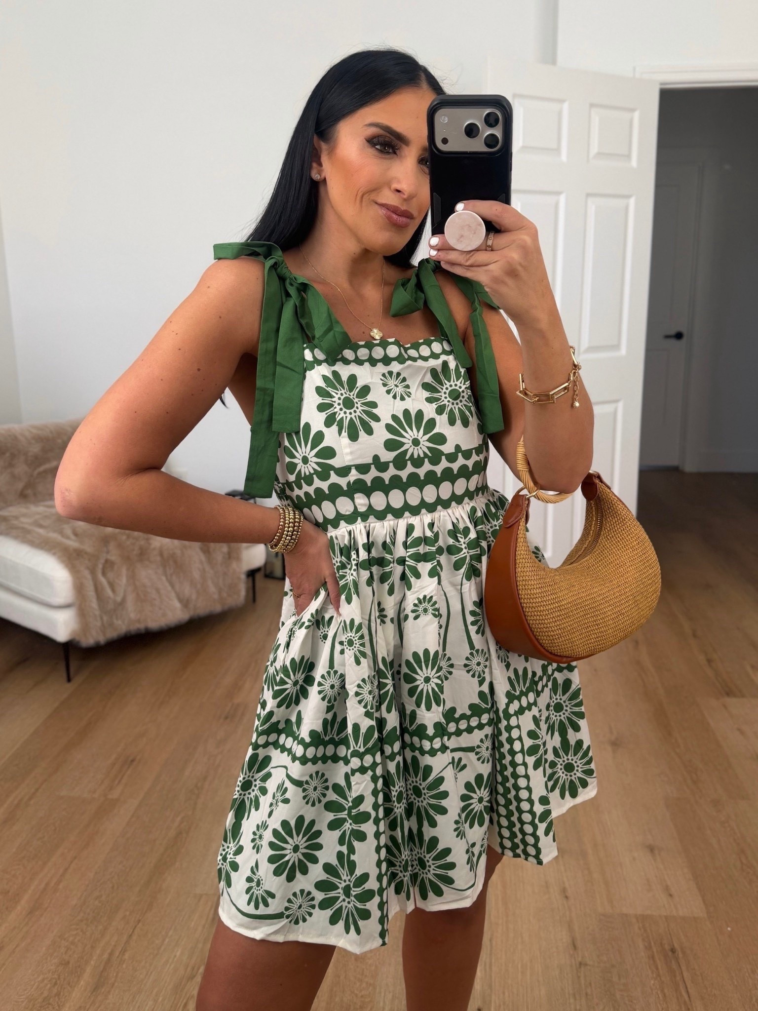 Farm Rio inspired Floral Print Tie Shoulder dress from Amazon  wearing size medium. 