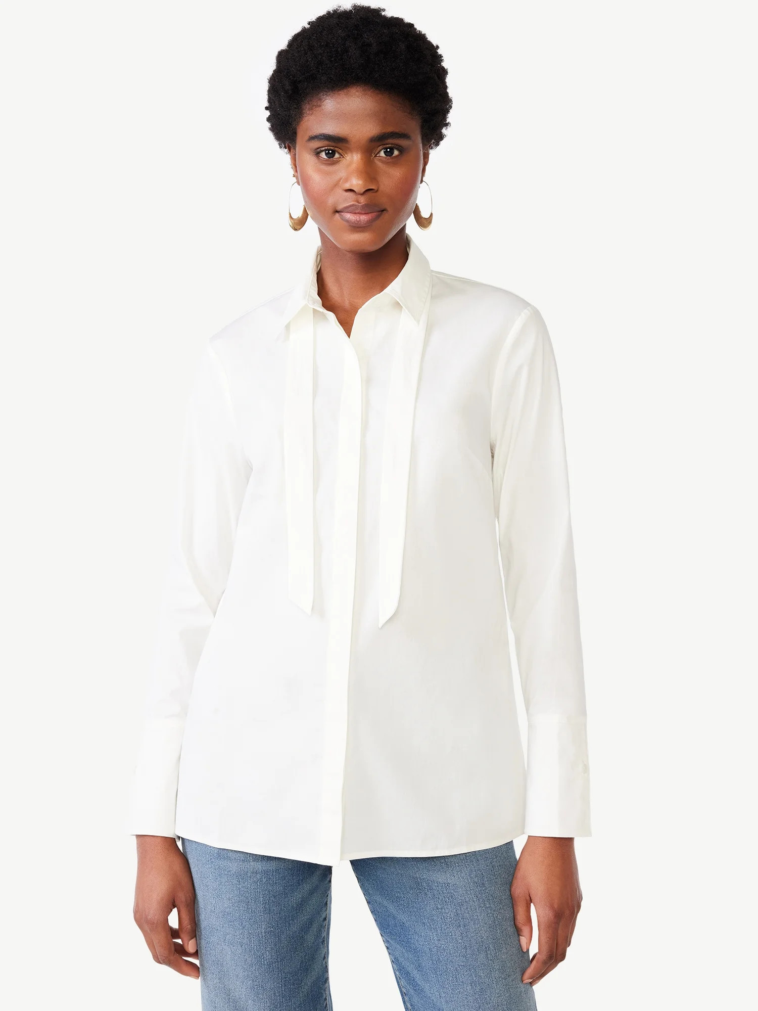 Scoop Women's Tie Neck Button Front Poplin Tunic Shirt with Long Sleeves, Sizes XS-XXL | Walmart (US)