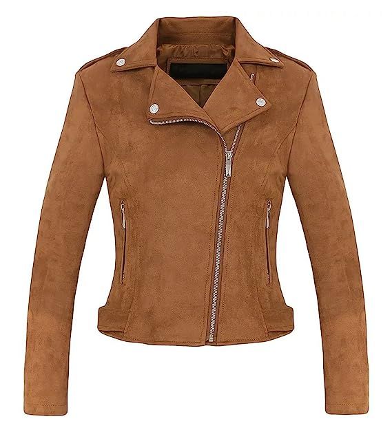 Chartou Women's Stylish Notched Collar Oblique Zip Suede Leather Moto Jacket | Amazon (US)