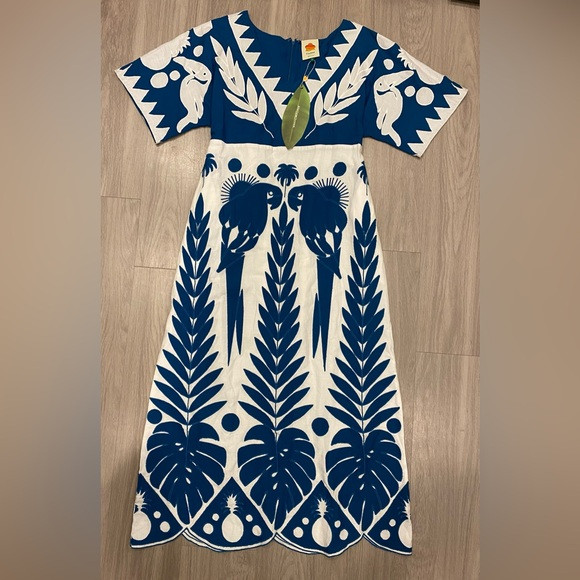 NWT FARM Rio Summer Garden Blue Parrot Floral Geometric Cotton Dress S New! $310 | Poshmark