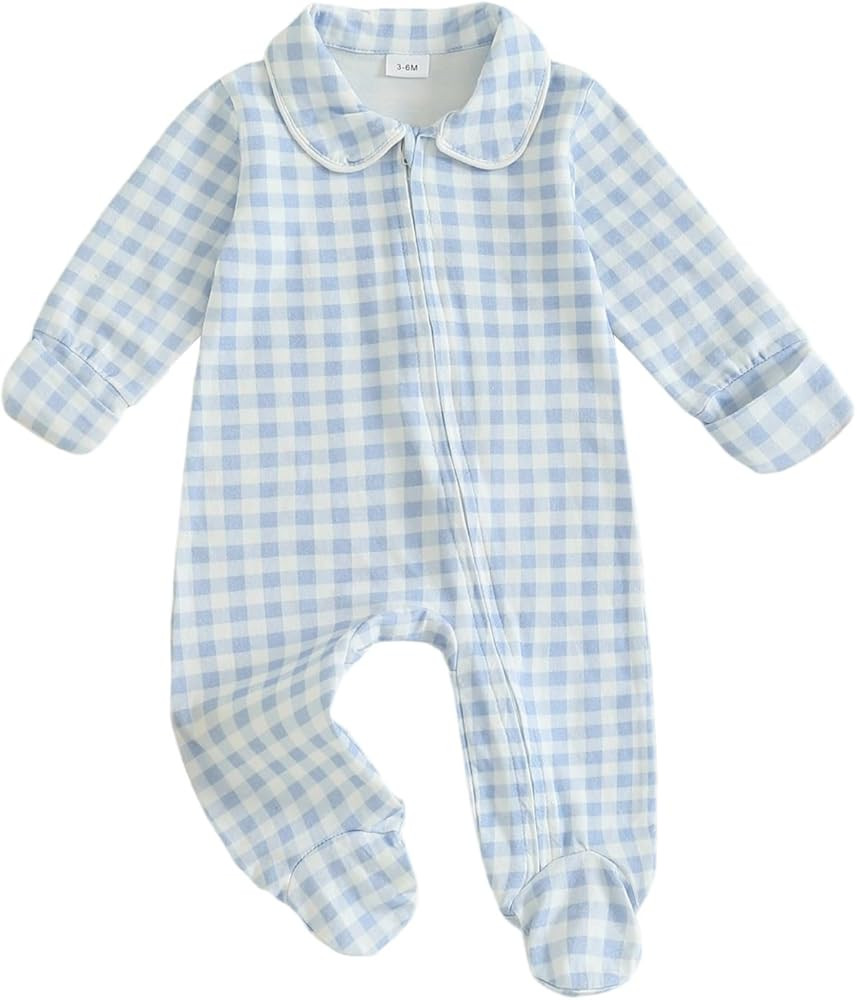 BULINGNA Newborn Baby Boy Girl Gingham Footed Romper Peter Pan Collar Infant Long Sleeve Zipper J... | Amazon (US)