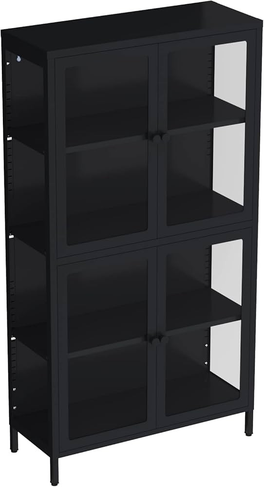 CuisinSmart Glass Display Cabinet with Doors, 4-Tier Adjustable Shelves and Feet Modern Bookshelf Cabinet Cold-Rolled Steel Storage Cabinet for Home Living Room Office-Black | Amazon (US)
