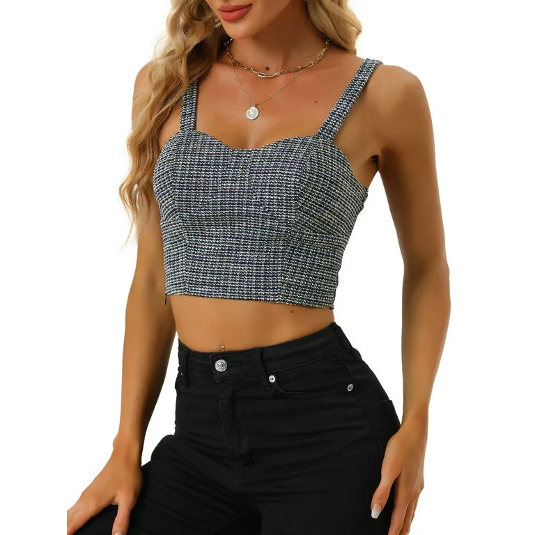 Allegra K Tweed Crop Top for Women's Plaid Sweetheart Neck Bustier Corset Casual Strap Tops | Walmart (US)