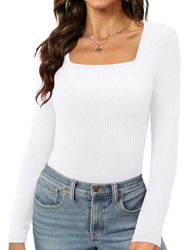 White Long Sleeve Shirts for Women Square Neck Tops Slim Fit Ribbed Tees Ribbed White S | Amazon (US)