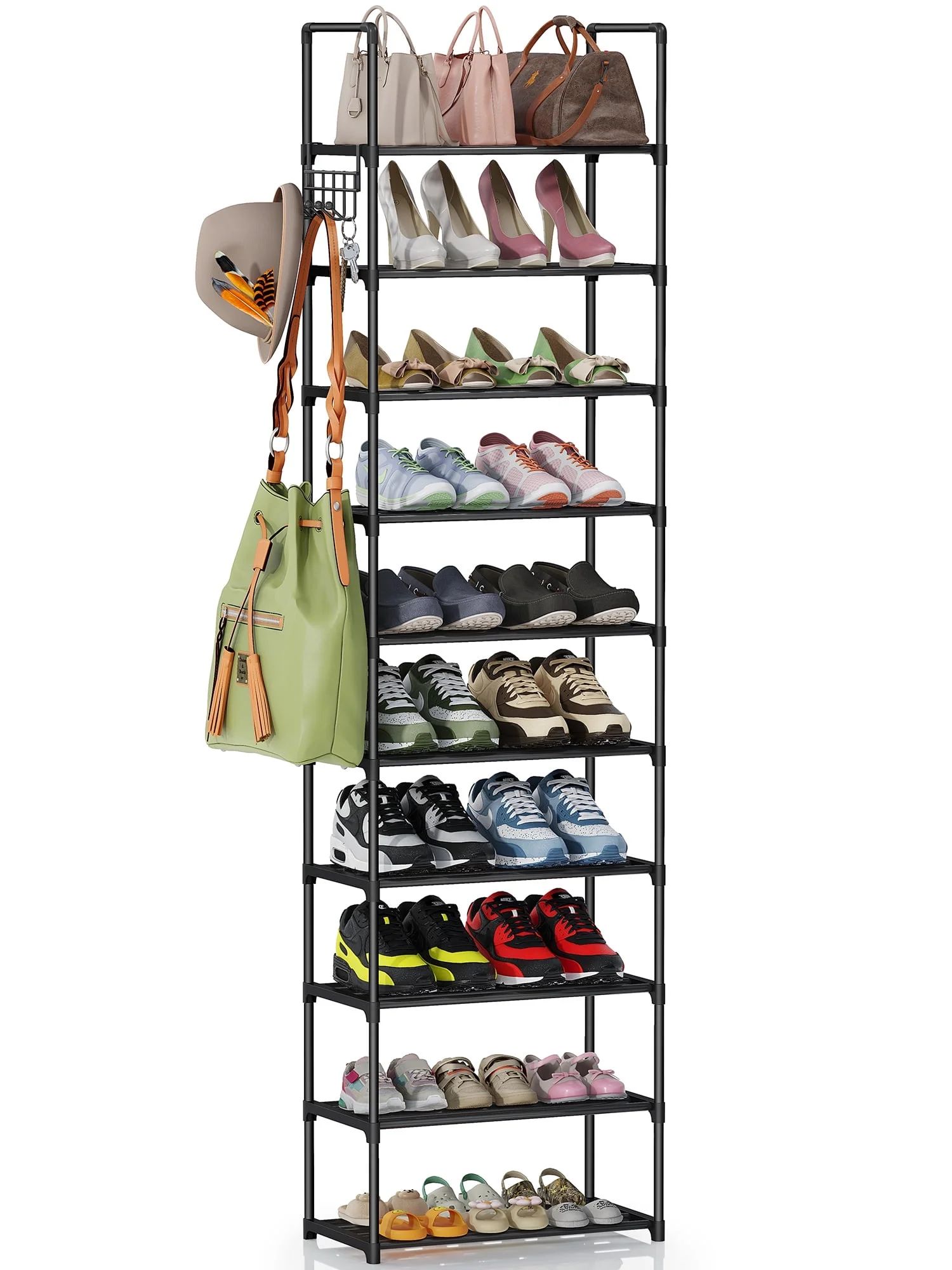 10 Tier Metal Shoes Rack, BUG HULL Narrow Stackable Shoes Shelf with Hooks, Shoe Tower for 20-24 ... | Walmart (US)