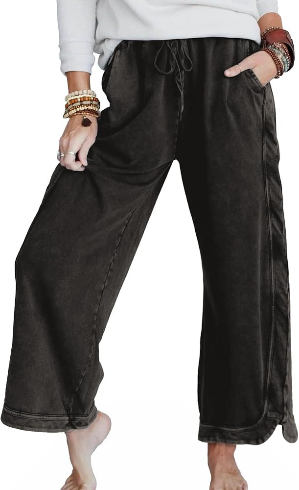 Hixiaohe Women's Casual Wide Leg Sweatpants High Waist Baggy Acid Wash Pants Drawstring Athletic ... | Amazon (US)