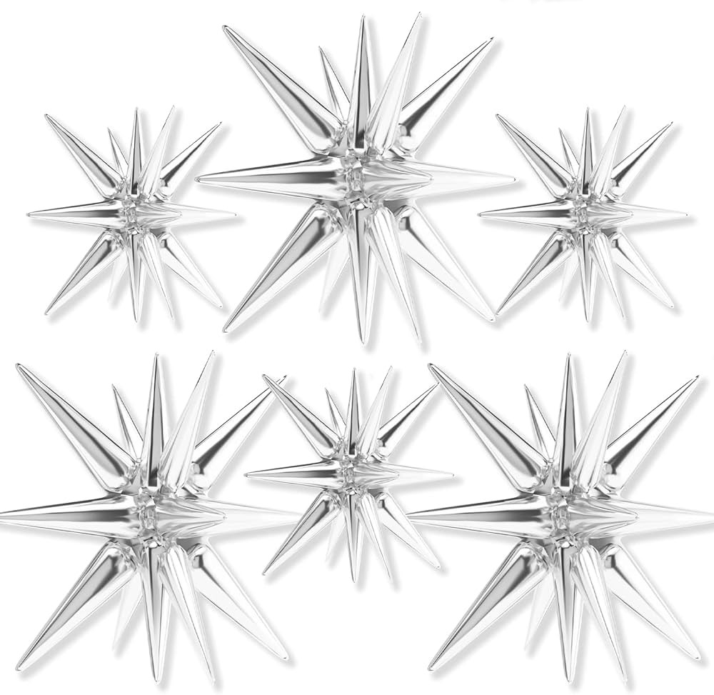 PartyWoo Star Balloons 6 pcs, One-Piece 14-pointed Star Explosion Balloons with Ribbon, Silver Fi... | Amazon (US)