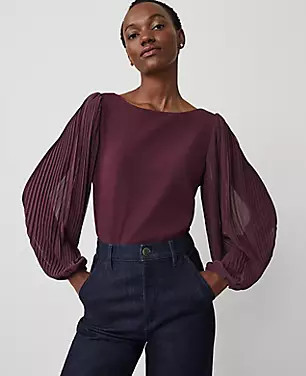 Mixed Media Pleated Sleeve Top | Ann Taylor (US)