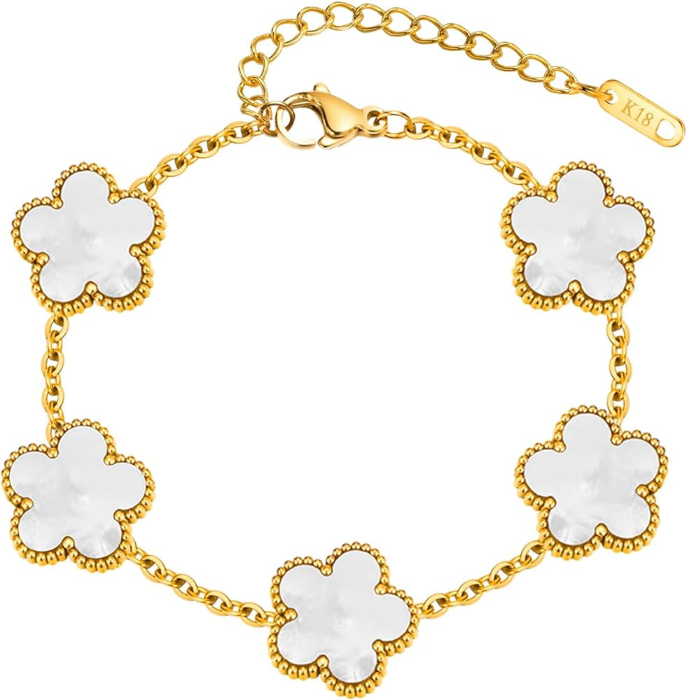 Women Gold Bracelets Jewelry Set - 18K Gold Plated Floral Bracelets,Stainless Steel Charm Bracele... | Amazon (US)
