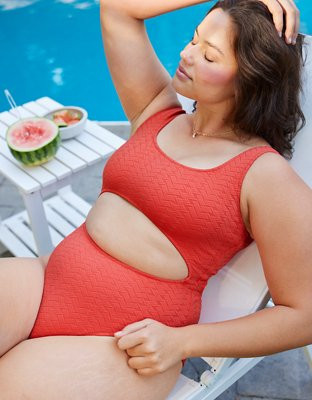 Aerie Jacquard Cut Out Scoop One Piece Swimsuit | Swimwear Swim Suits Swim Wear #LTKswim #LTKtravel | American Eagle Outfitters (US & CA)