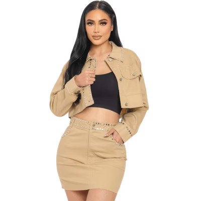 Slickblue Women's Two Piece Set, Embroidered Cropped Shirt and Skirt, Pocket Detail, Taupe, Size L | Target