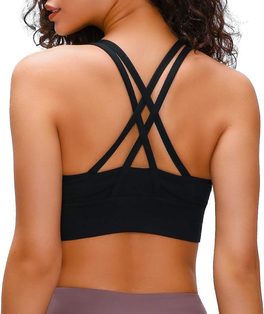 Lavento Women's Strappy Sports Bra Long Line Medium Support Energy Workout Training Top | Amazon (US)