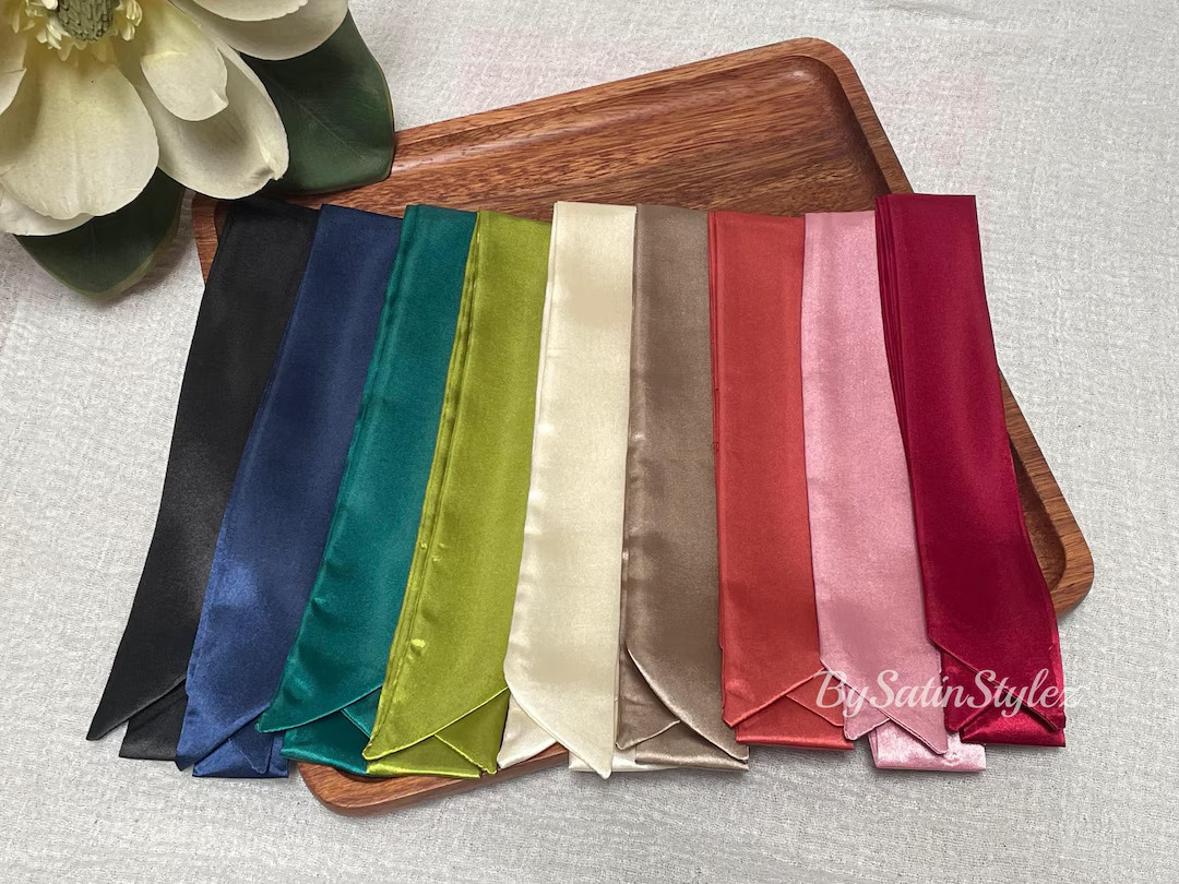 Satin Skinny Scarf, Silk Feel Neck Scarf, Solid Color Ribbon, Narrow Hair Scarf, Purse Scarf, Per... | Etsy (US)