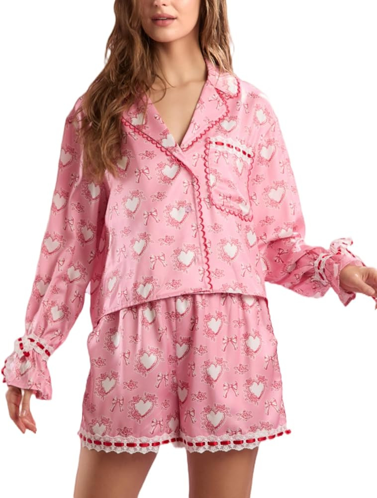 LILTWIST Cute Bow Pajamas for Women Silk Satin Y2k Floral Print 2 Piece Pjs Bow Tie Long Sleeve S... | Amazon (US)