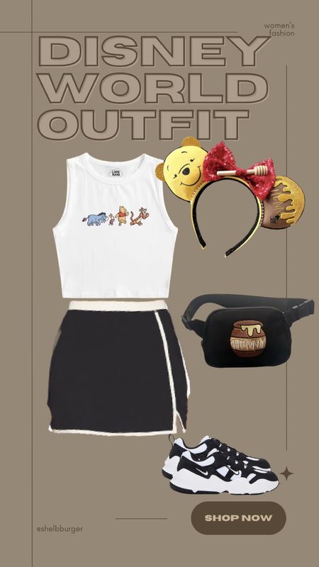 Disney World Winnie the Pooh outfit for women

• Pooh, Tigger, Eeyore, and Piglet crop top tank top
• Skort active tennis skirt black outlined in white
• Pooh and Honey mouse ears and belt bag 
• Nike Tech Hera sneakers in black and white retroo

#LTKtravel #LTKfindsunder100 #LTKshoecrush