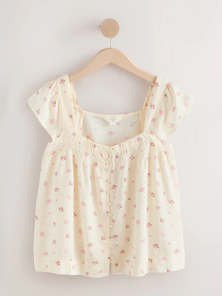 Cream Ditsy Floral Print Flutter Sleeve Button Front Top With Linen | Next US