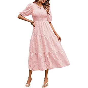 MEROKEETY Women's 2023 Summer Puff Sleeve Smocked Floral Dress Crewneck Lace Flowy Tiered Midi Dr... | Amazon (US)