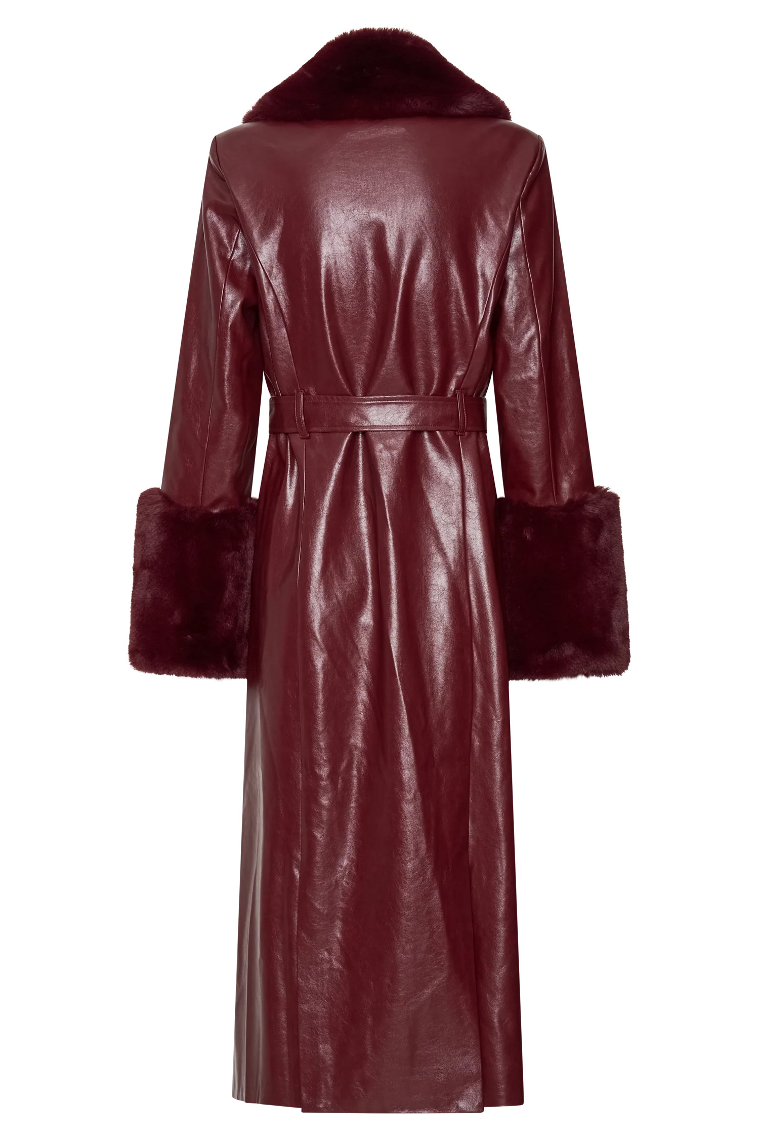 Bec Faux Leather Trench Coat With Faux Fur - Cherry Red | MESHKI US