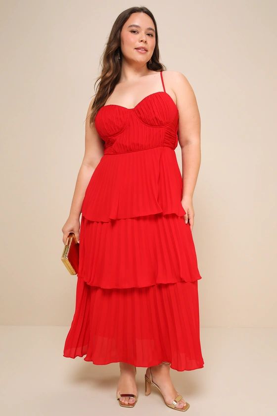 Cascading Crush Red Tiered Bustier Midi Dress | Lulus