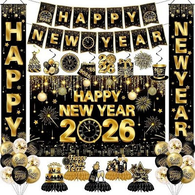 New Years Decorations 2026, Happy New Years Eve Party Supplies Gold & Black Nye Party Decorations W/ Backdrop Door Banner Hanging Swirls Honeycomb | Target