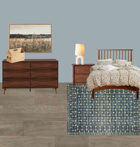 Little girls room. Blue walls, floral comforter and rug. Boho inspiration with modern walnut wood furniture. Floral wall art. 

#LTKhome #LTKbaby #LTKkids