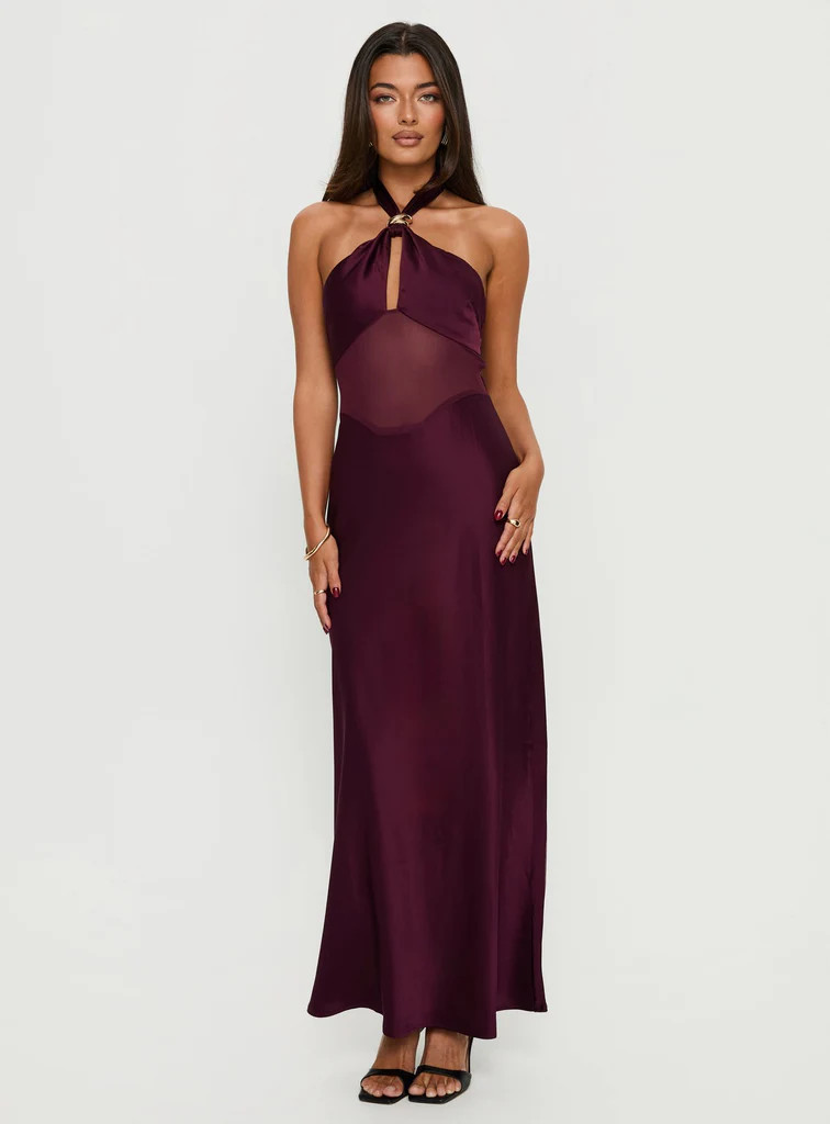 Rosario Halter Sheer Maxi Dress Plum | Princess Polly US