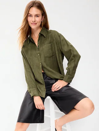 Oversized Boyfriend Button-Down Faux-Suede Shirt | Old Navy (US)