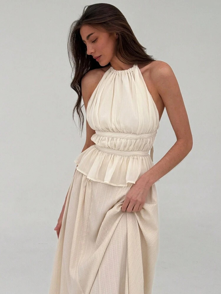 Aloruh Elegant Neck Tie Back Sexy Open Back Ruched Solid White Camisole | SHEIN