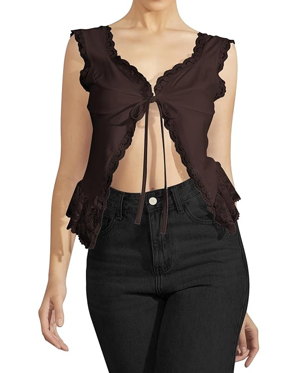 OYOANGLE Women's Floral Lace Sleeveless V Neck Tie Split Front Tank Tops Party Going Out Cami Shi... | Amazon (US)