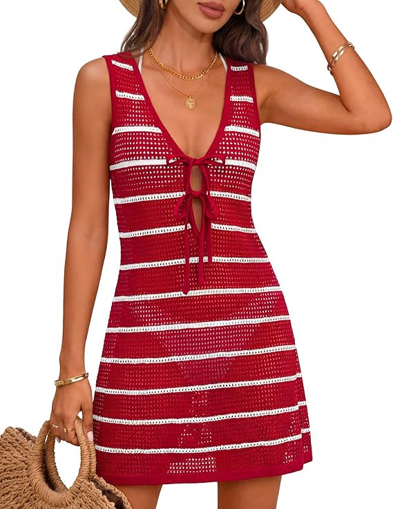 MEROKEETY Women's Crochet Swimsuit Coverup 2026 Summer Tie Front Bathing Suit Swimwear Knit Beach... | Amazon (US)