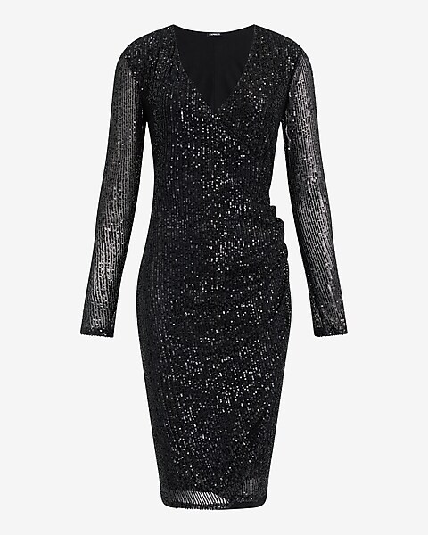 Sequin V-Neck Long Sleeve Surplice Midi Dress | Express