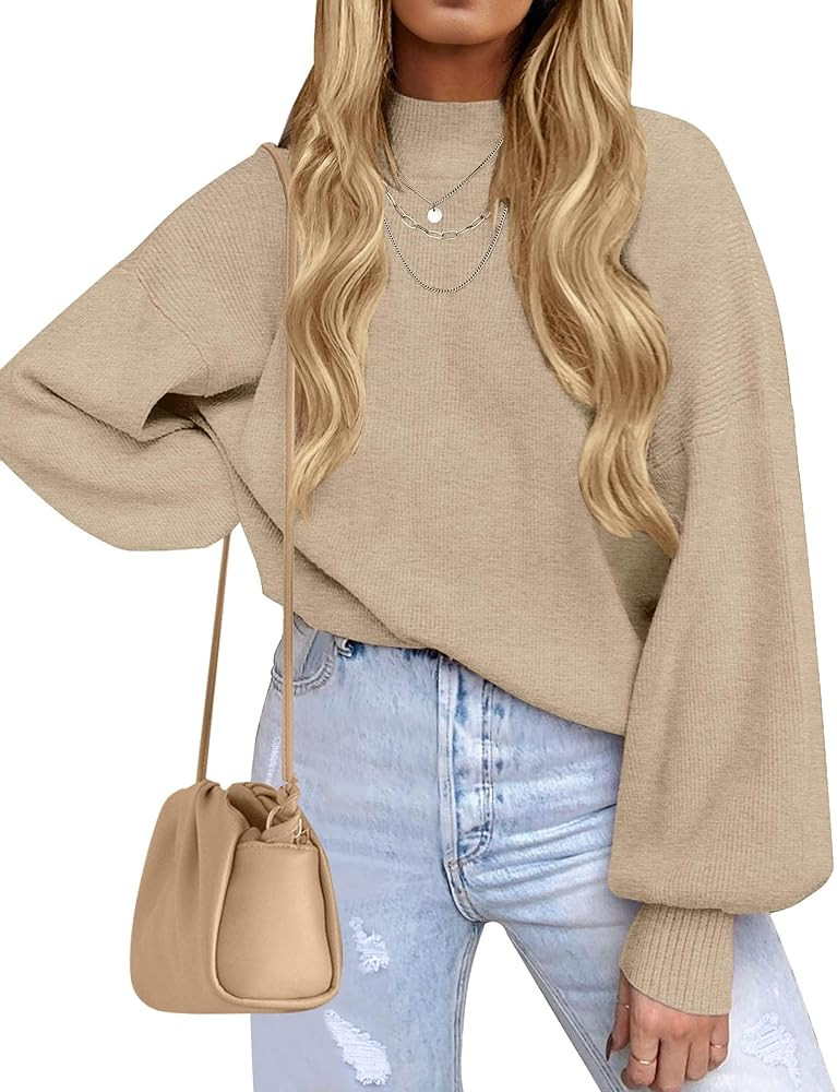 ZESICA Women's Casual Turtleneck Long Lantern Sleeve Fall 2025 Oversized Ribbed Knit Pullover Swe... | Amazon (US)