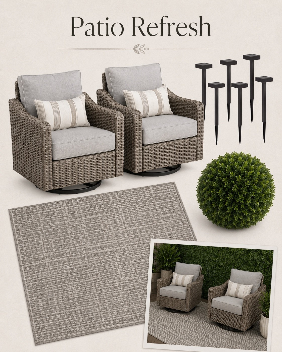 Neutral Patio Refresh

A cozy outdoor setup that looks way more expensive than it is 🤍

These neutral patio finds have such a high-end look for less feel and would be perfect for a summer refresh. The swivel chairs, subtle patterned rug, solar lighting, and faux greenery all work together for that relaxed rustic modern vibe I love.

Everything linked in my LTK.

#LTKSeasonal #LTKHome #LTKSaleAlert