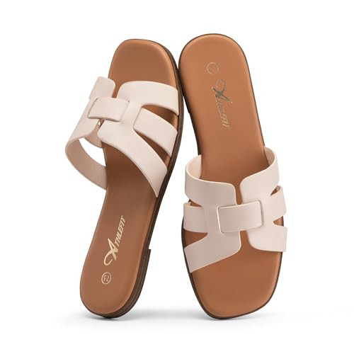 Athlefit Flat Sandals for Women Dressy Summer Square Open Toe Nude Sandals Comfortable Slip On Leather Slides Size 8.5 | Amazon (US)