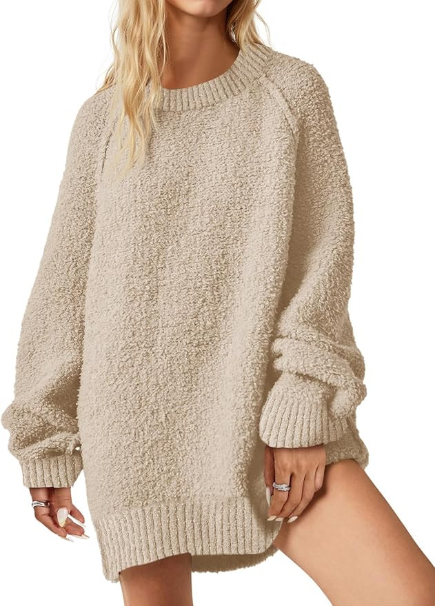 Saodimallsu Womens Oversized Sweater 2025 Fall Trendy Fuzzy Crew Neck Long Sleeve Casual Tunic Sw... | Amazon (US)