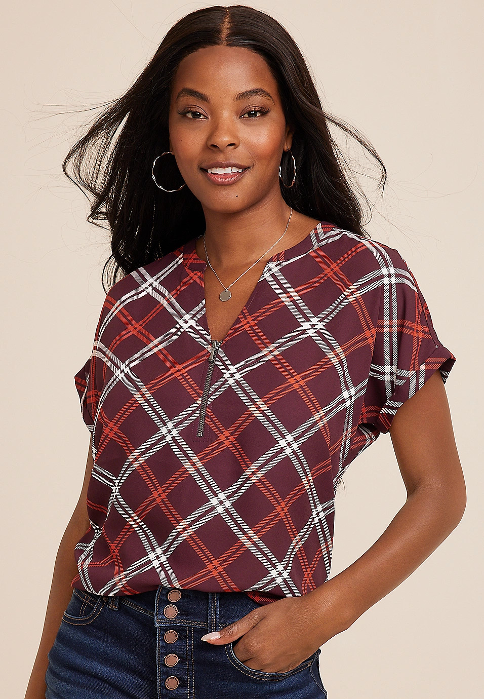 Geneva Windowpane Zipper Neck Blouse | Maurices