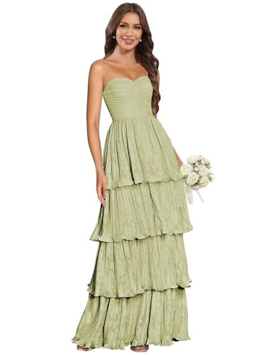 Djqpi Sage Green Chiffon Bridesmaid Dress Long Strapless Floral Formal Wedding Guest Dresses for Women Size 2 | Amazon (US)