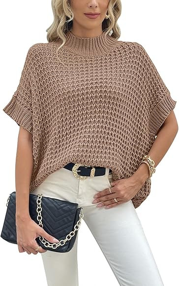Pink Queen Women's Mock Neck Batwing Short Sleeve Loose Oversized Knit Pullover Sweater Jumper To... | Amazon (US)
