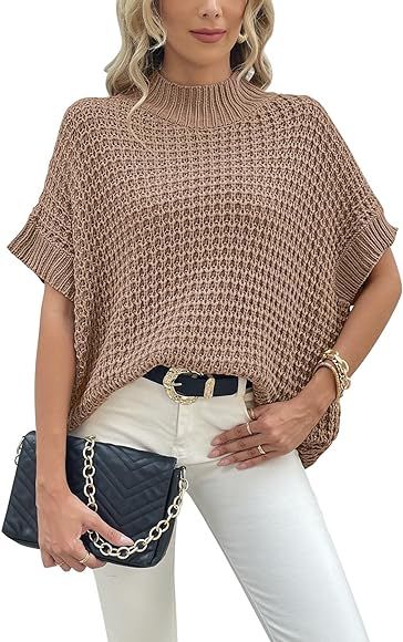 Pink Queen Women's Mock Neck Batwing Short Sleeve Loose Oversized Knit Pullover Sweater Jumper To... | Amazon (US)