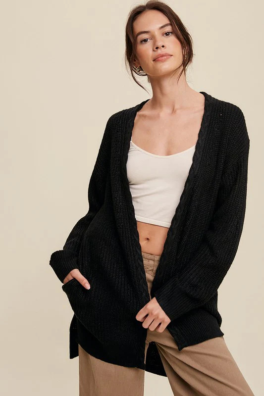 Cable Knit Open Front Long Cardigan Black / M | Casual Chic Boutique
