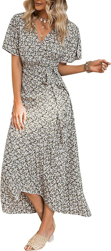 Miessial Women's Summer Chiffon V Neck Ruffle Maxi Dress Polka Dot Long Beach Wrap Dress | Amazon (US)